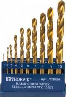 Набор спиральных сверл по металлу HSS TiN в пластиковом кейсе, d1.0-10.0 мм, 10 предметов Thorvik TDBS10
