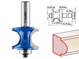 Фреза Зубр Профессионал полустержневая с подшипником, D= 34,9мм, рабочая длина-27мм, радиус-9,5мм, хв.-12мм, d-12,7мм 28722-34.9