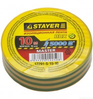 Изолента Stayer Master желто-зеленая, ПВХ, 5000 В, 15мм х 10м 12291-S-15-10