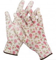 Перчатки Grinda садовые, прозрачное PU покрытие, 13 класс вязки, бело-розовые, размер M 11291-M