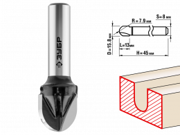 Фреза Зубр Профессионал пазовая галтельная, D=15,8 мм, рабочая длина-13 мм, радиус-7,9 мм, хв.-8 мм 28782-15.8-13