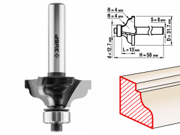 Фреза Зубр Профессионал кромочная калевочная №3, диаметр-31.7 мм, рабочая длина-13 мм, радиус-4 мм, хвостовик-8 мм, диаметр подшипника-12,7 мм 28786-31.7