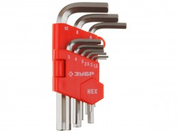 Набор ключей имбусовых Зубр МАСТЕР, короткие, Cr-V, сатинированное покрытие, пластик. держатель, HEX 1,5-10мм, 9 пред 27460-1_z02