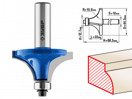 Фреза Зубр Профессионал кромочная калевочная №1, D= 44,5мм, рабочая длина-22мм, радиус-16мм, хв.-12мм, d-12,7мм 28701-44.5