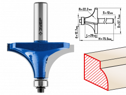 Фреза Зубр Профессионал кромочная калевочная №1, D= 57,1мм, рабочая длина-29мм, радиус-22,2мм, хв.-12мм, d-12,7мм 28701-57.1